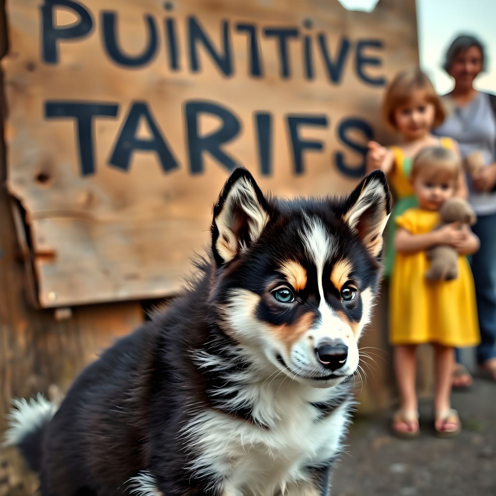 A Sibirian Husky puppy infront of and a sign „ Punitive tariffs“ and a child that crys mom and dad take child away