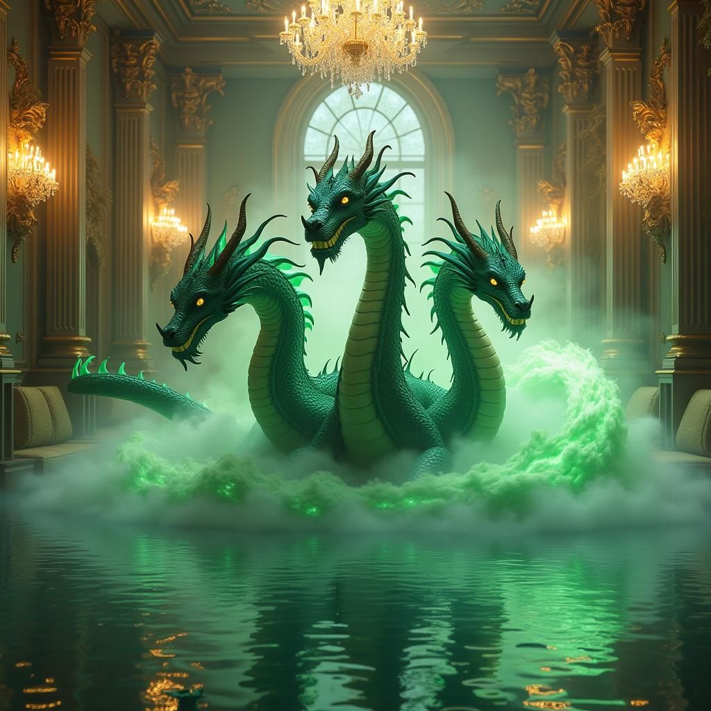 Four-Headed Dragon Spewing Mist in Opulent Mansion