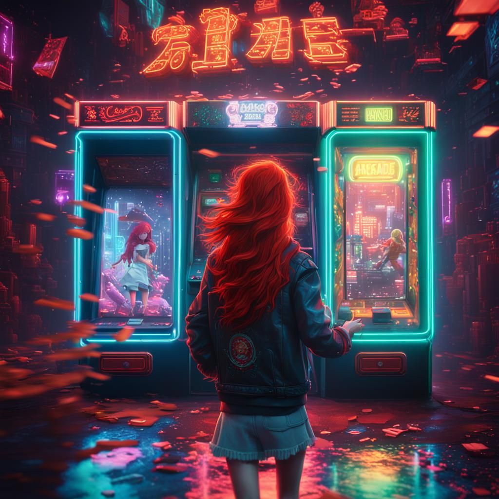 Glitchy Redhead Escapes Arcade Machine in Neon Light