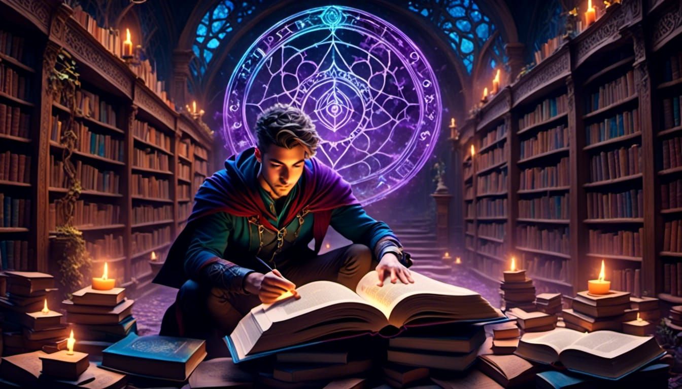 Suspicious Man Reads Glowing Forbidden Book