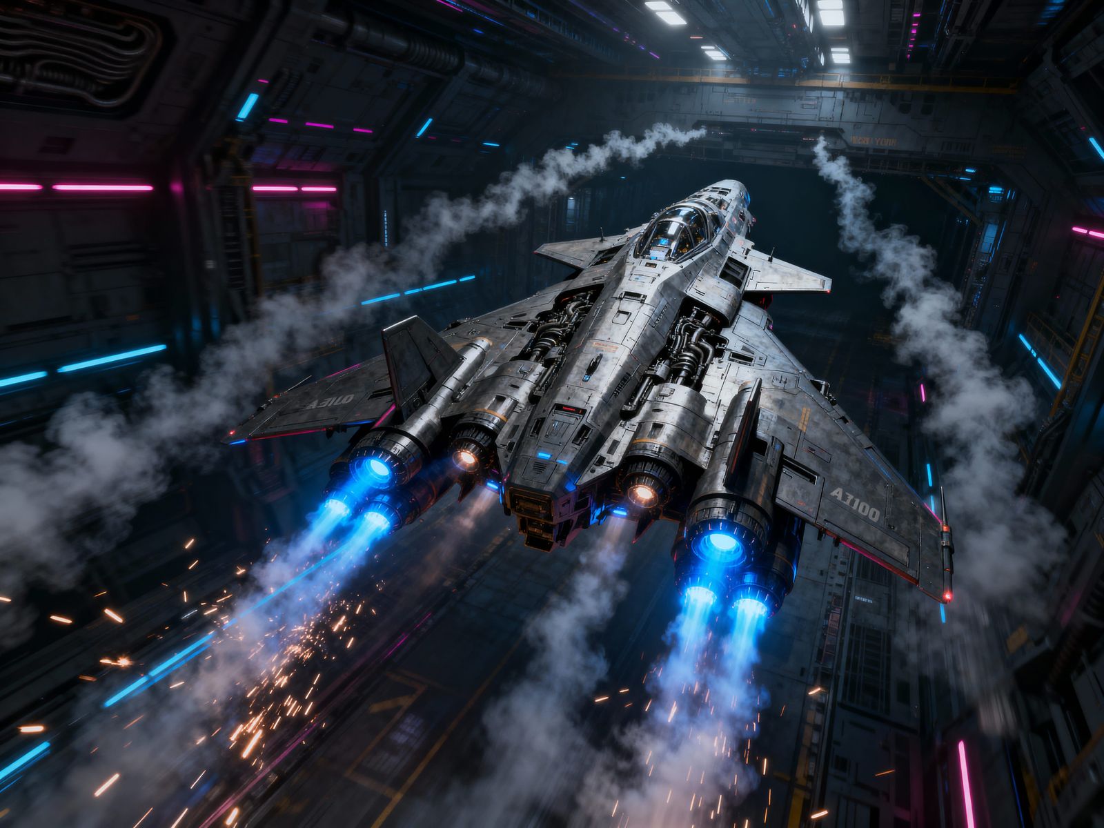 Fighter Launches from Space Battleship in Futuristic Style