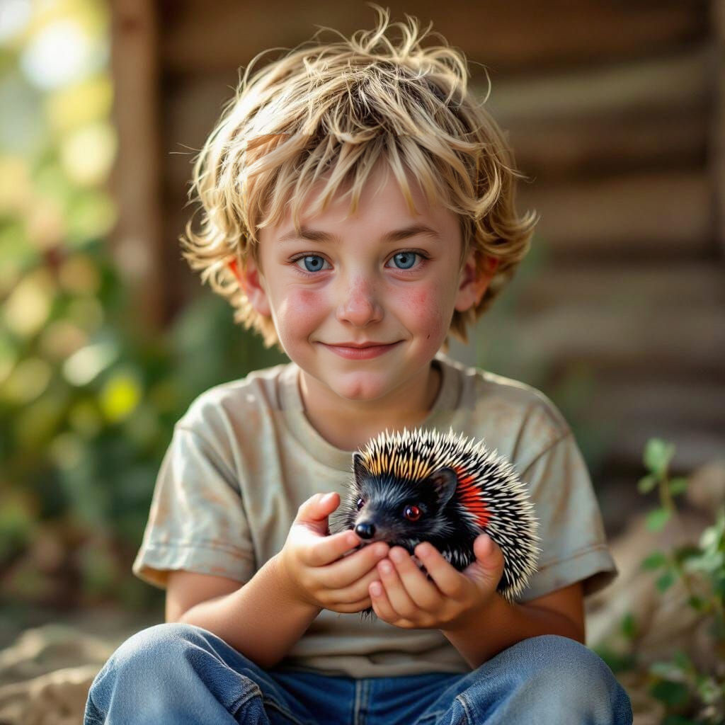 Boy and Striped Hedgehog: A Heartwarming Portrait