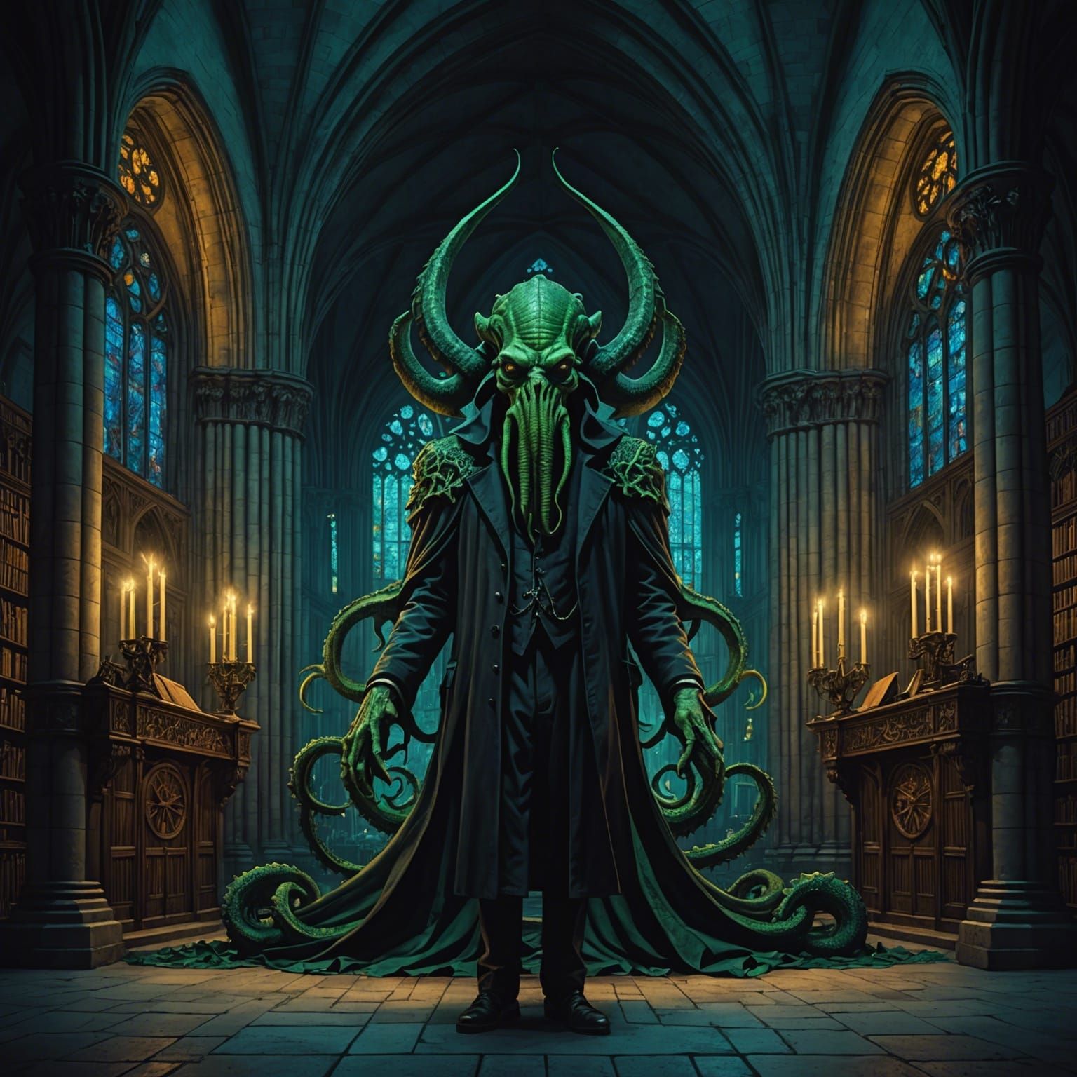 Cthulhu and Night Gaunt in Cathedral, Filmic 8K