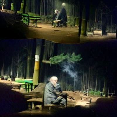 Melancholy Old Man in Forest at Night