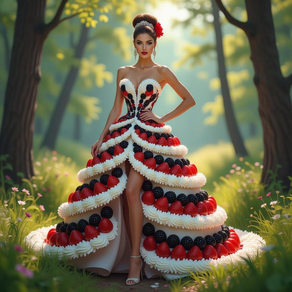 Fashionista in Blueberry Cake Dress in Spring Forest