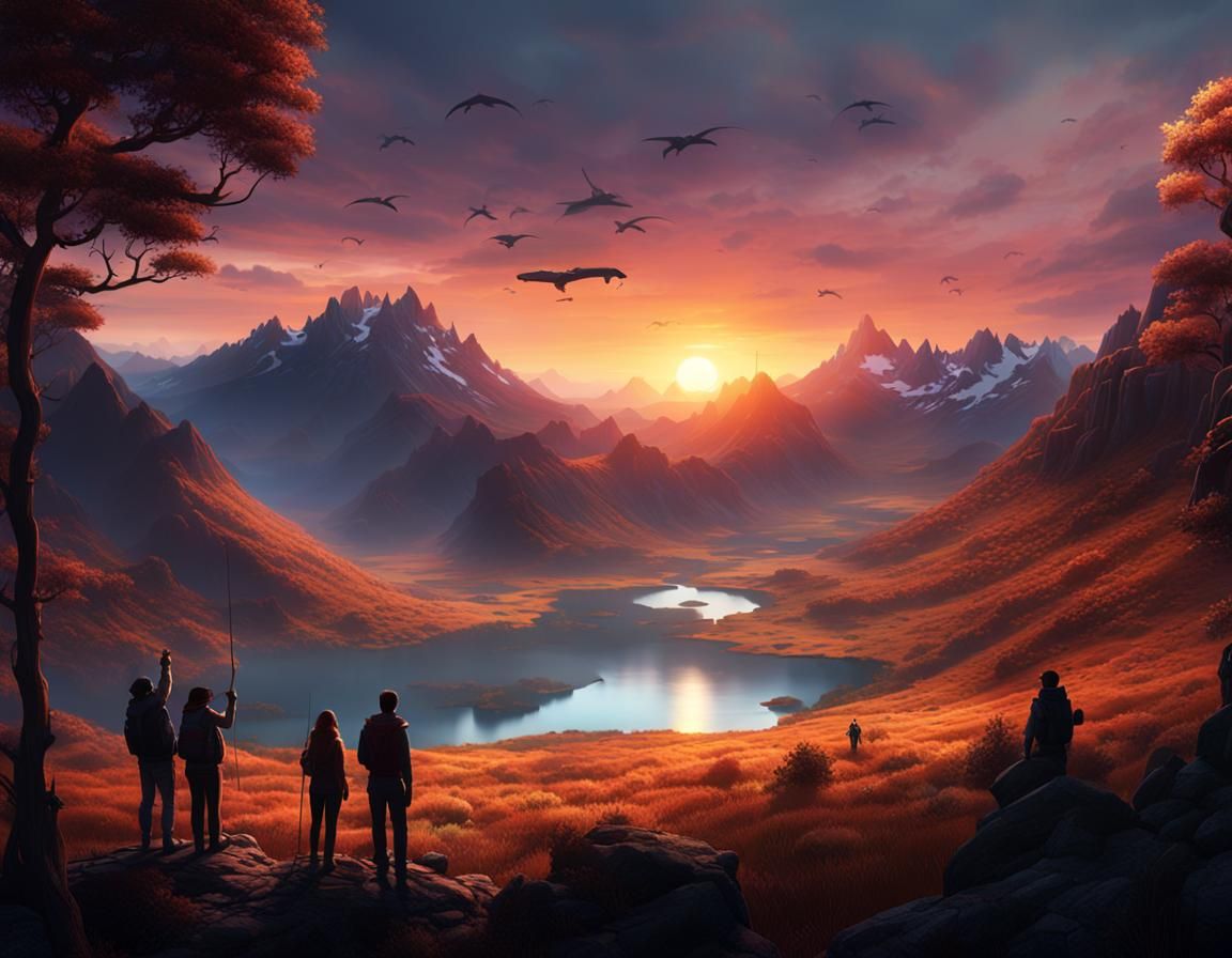 Silhouetted Sunset Watchers on Mountain Top