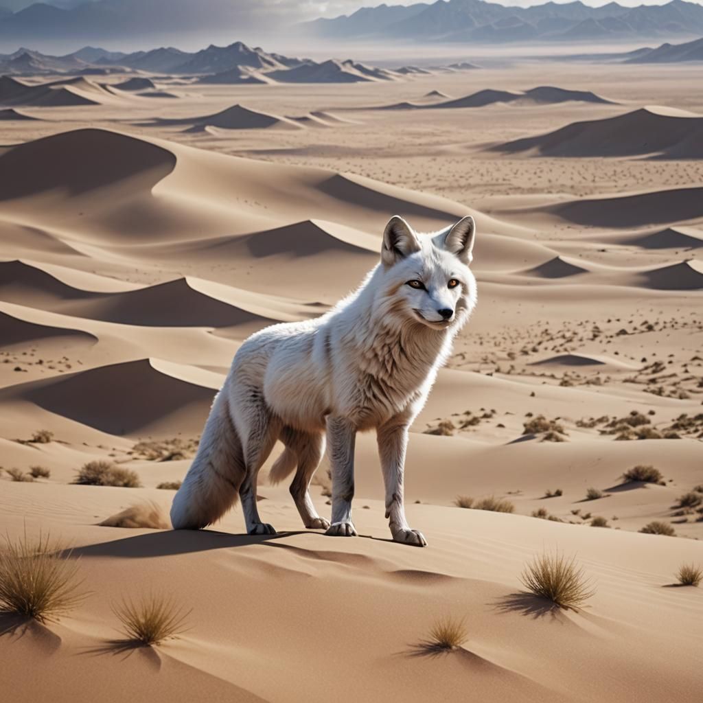 White Fox in Flat Desert Landscape, Digital Art
