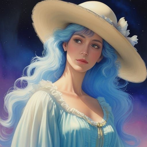 Enchanting Lady in Moonlit Splendor, a Digital Watercolor Ma...