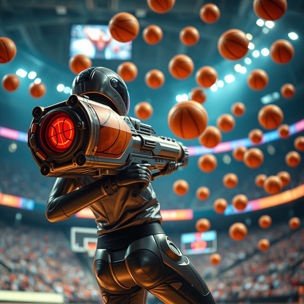Futuristic Basketball Gun Shooting in Stadium