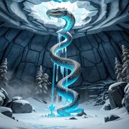 Serpentine Ice Beam in Frozen Cavern: Digital Art
