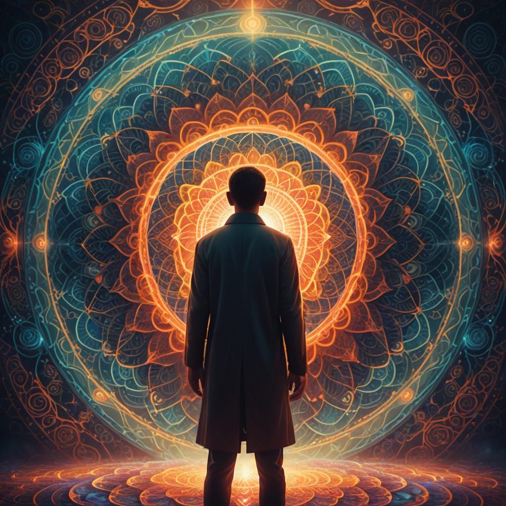 Surreal Human Figure Surrounded by Glowing Waves