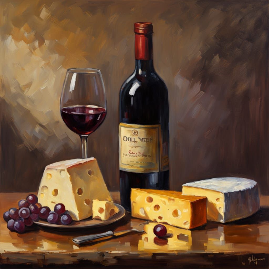 Still Life Masterpiece with Red Wine and Cheese