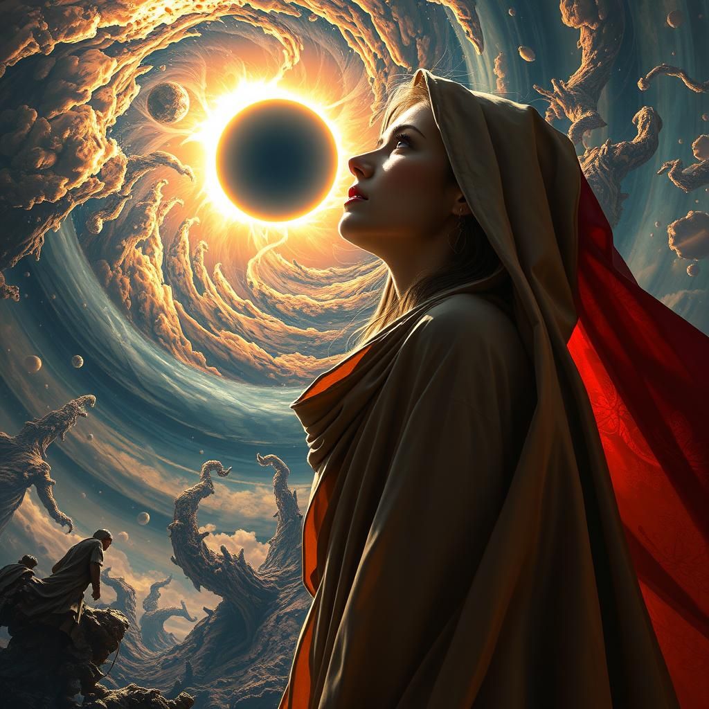 Woman Gazes at Solar Eclipse in Cosmic Chaos