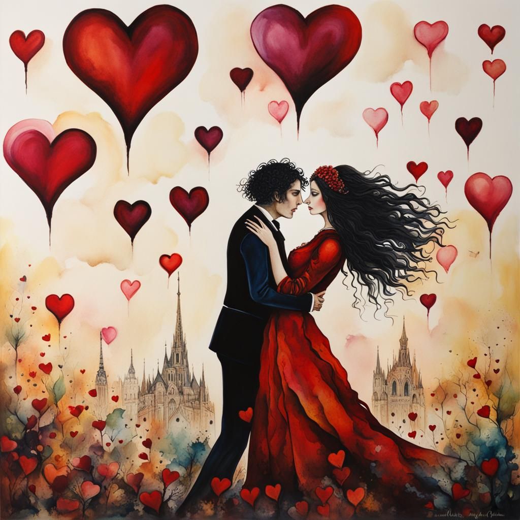 A couple falling in love , hearts in the air, Gothic Alcohol inks Je me souviens des mouvements hésitants de mes rêves...