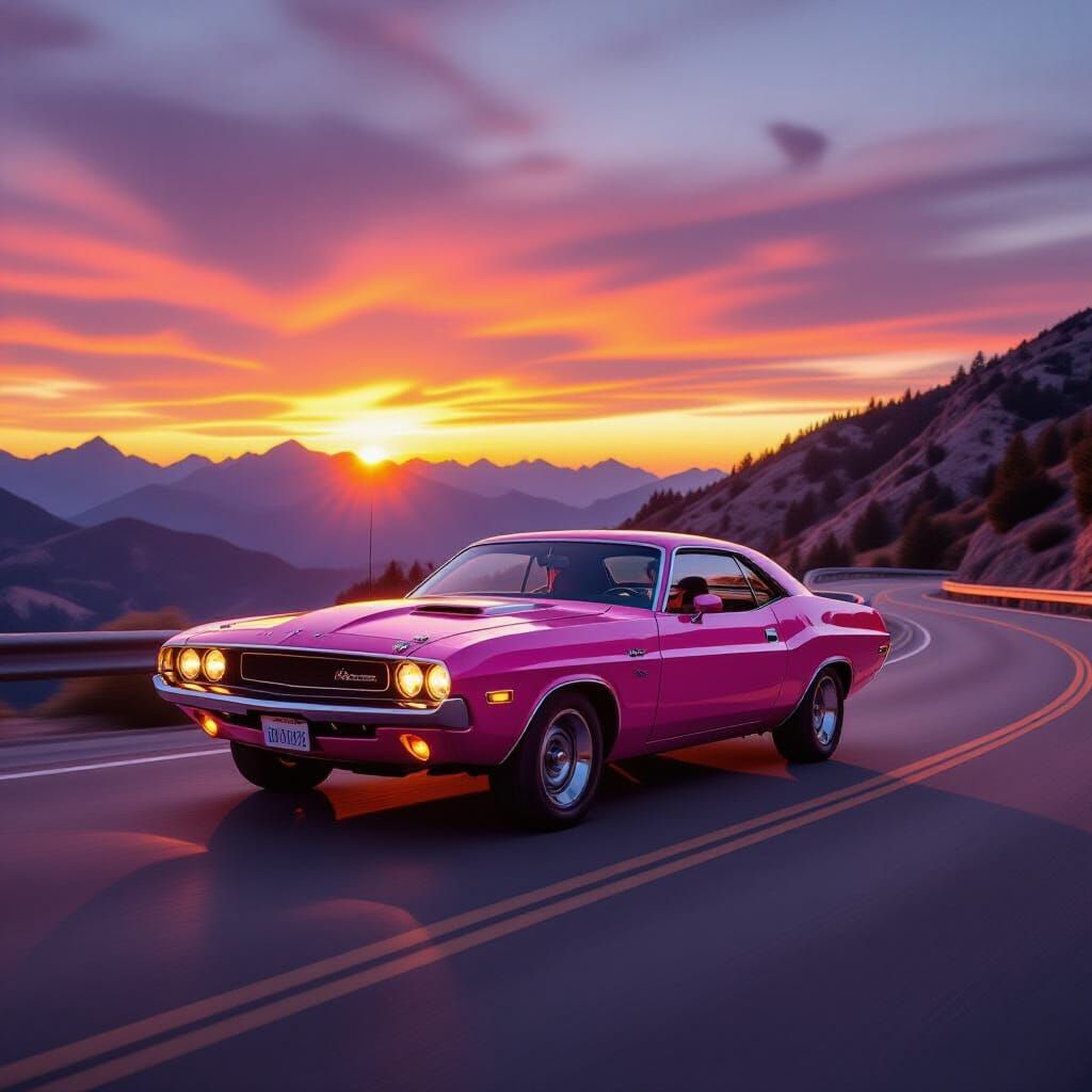 Vibrant Pink 1970 Dodge Challenger on Mountain Road at Sunse...
