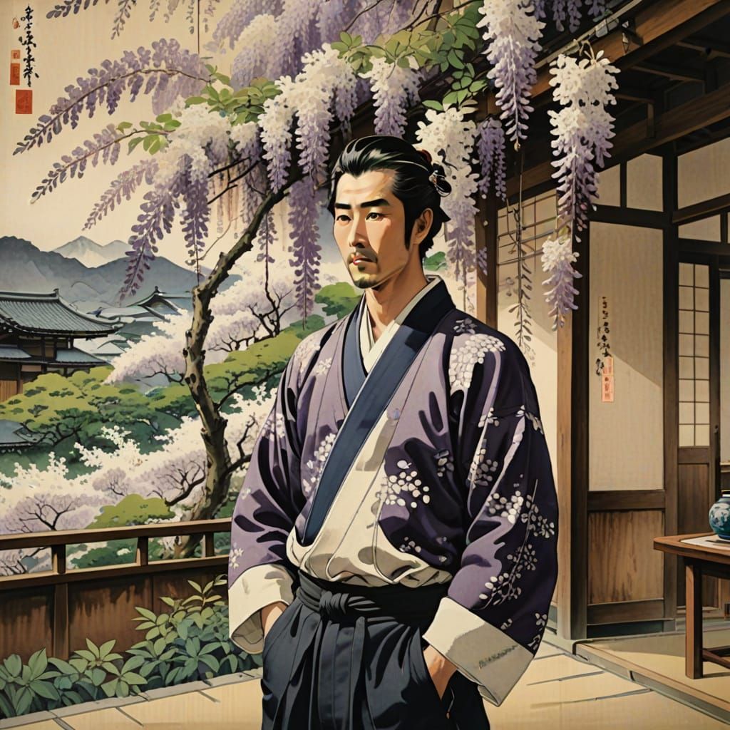 Gorgeous Japanese Male with Wisteria in Ukiyo-e Style
