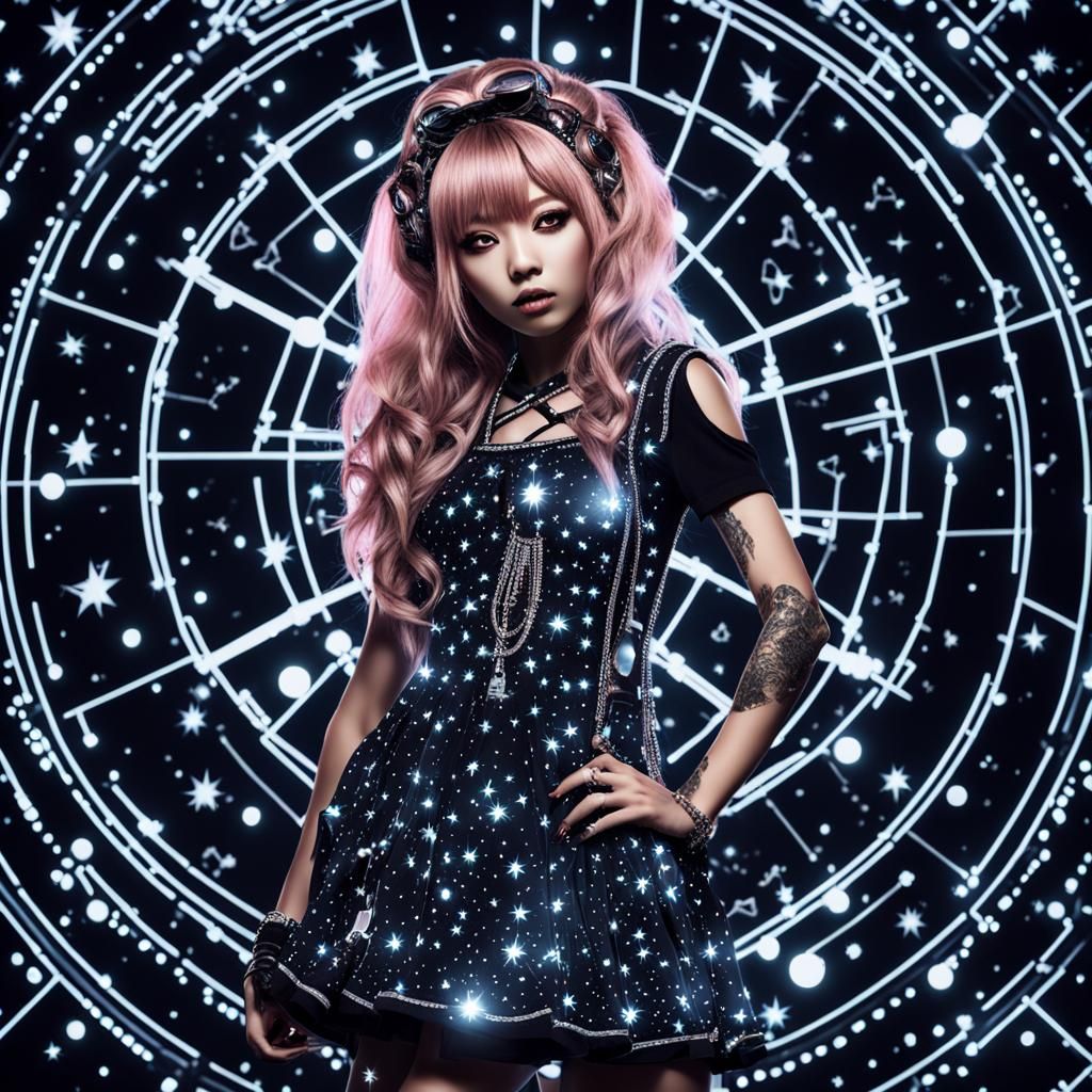 Gyaru in Punk Dress with Neon Constellations