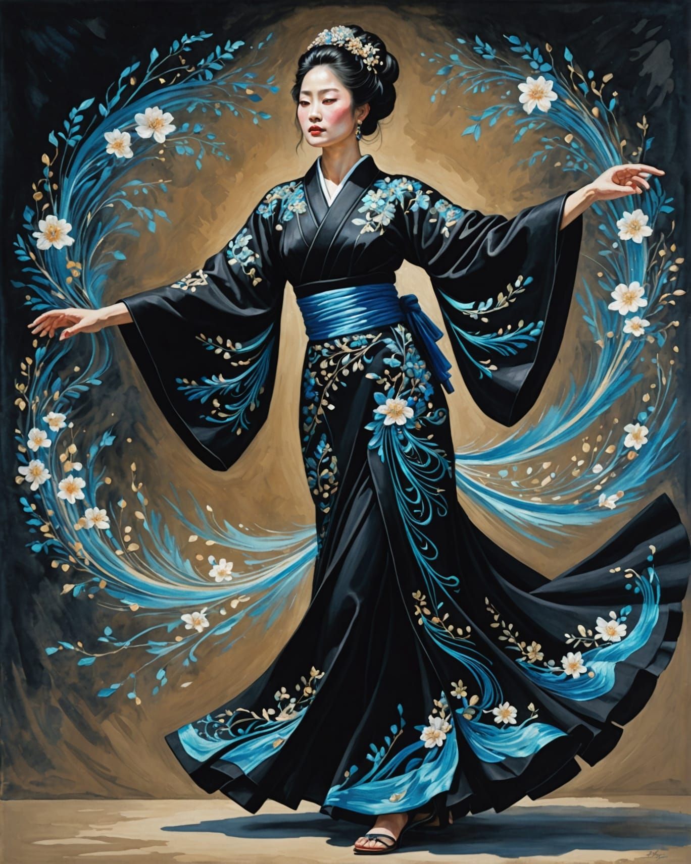 Elegant Woman Dancing in Magical Kimono