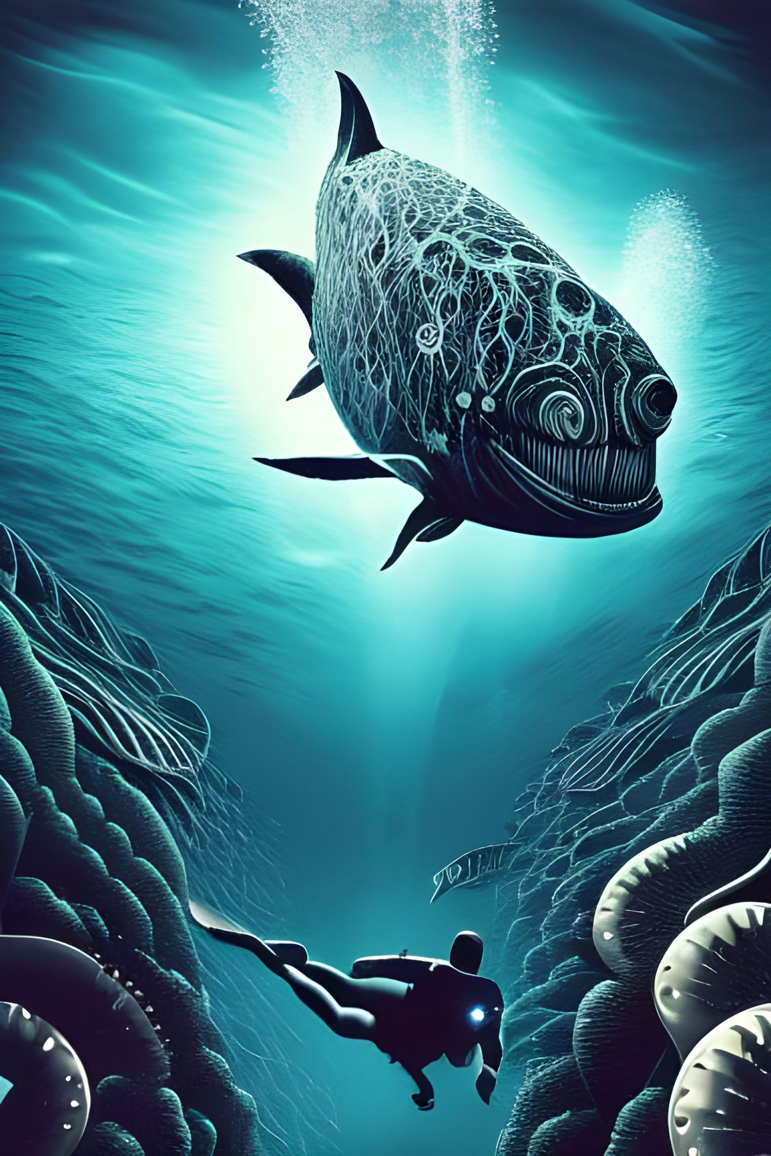 Deep Ocean Dive: Dark Fantasy Acrylic Art