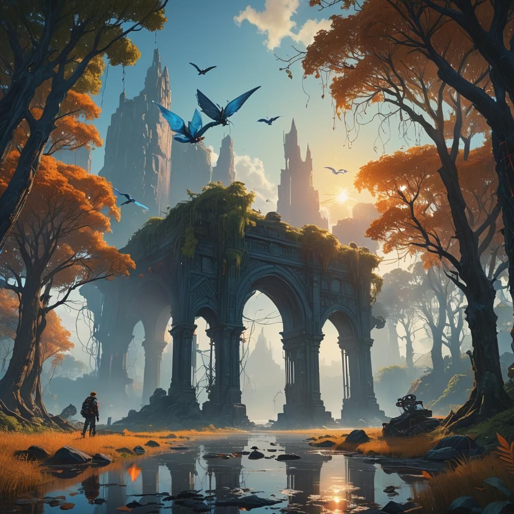 Ethereal Fantasy Landscape with Mystical Arches