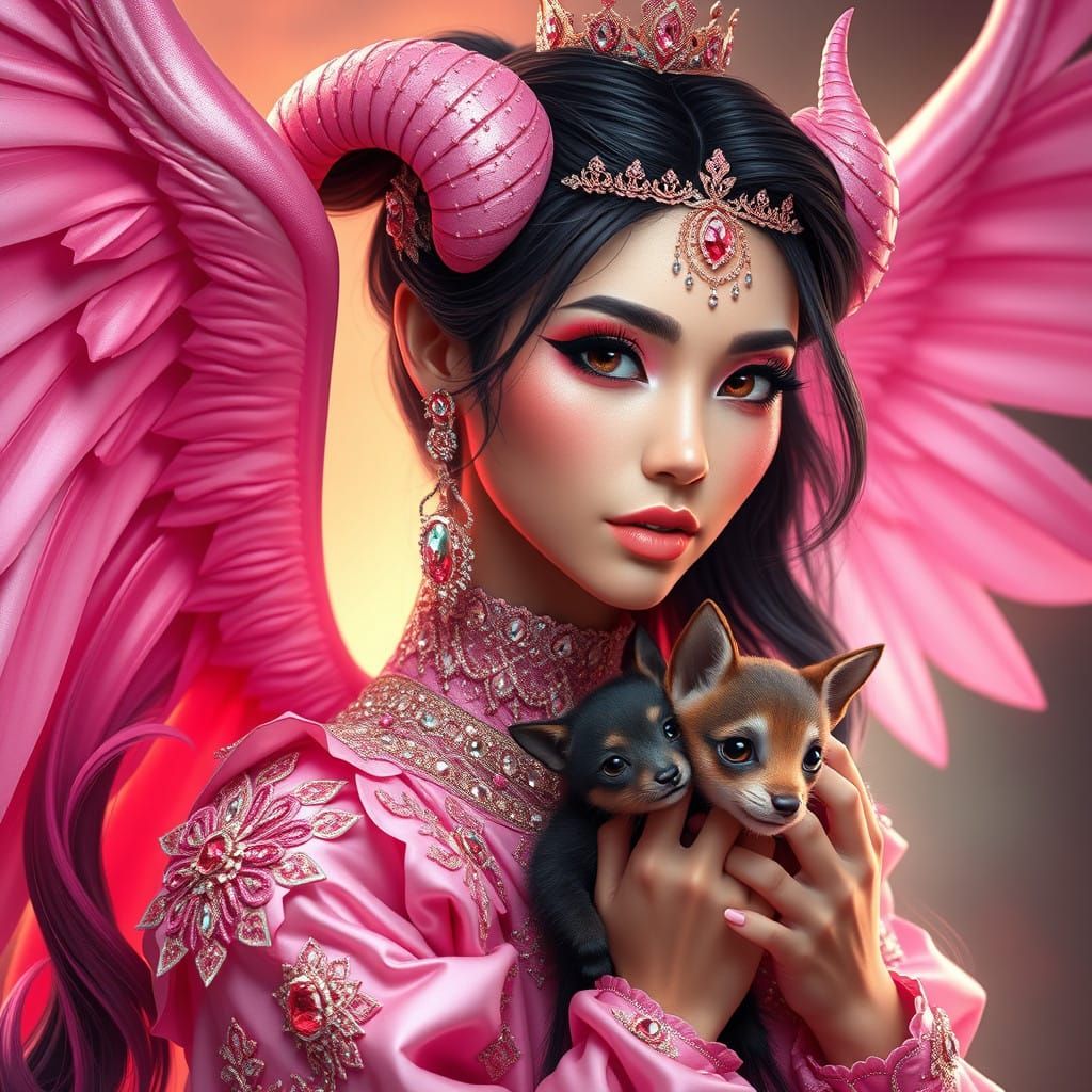 Regal Dragon Queen with Pink Hair and Wings, Holding Adorabl...