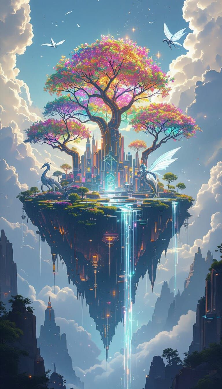 Floating Island with Dragons in Cyberpunk Style