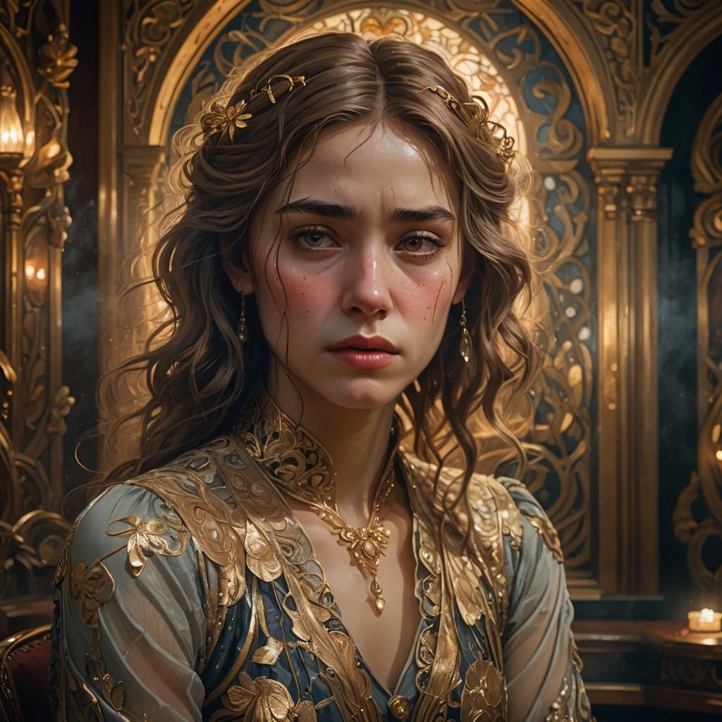 Sad Woman Portrait in Art Nouveau Style