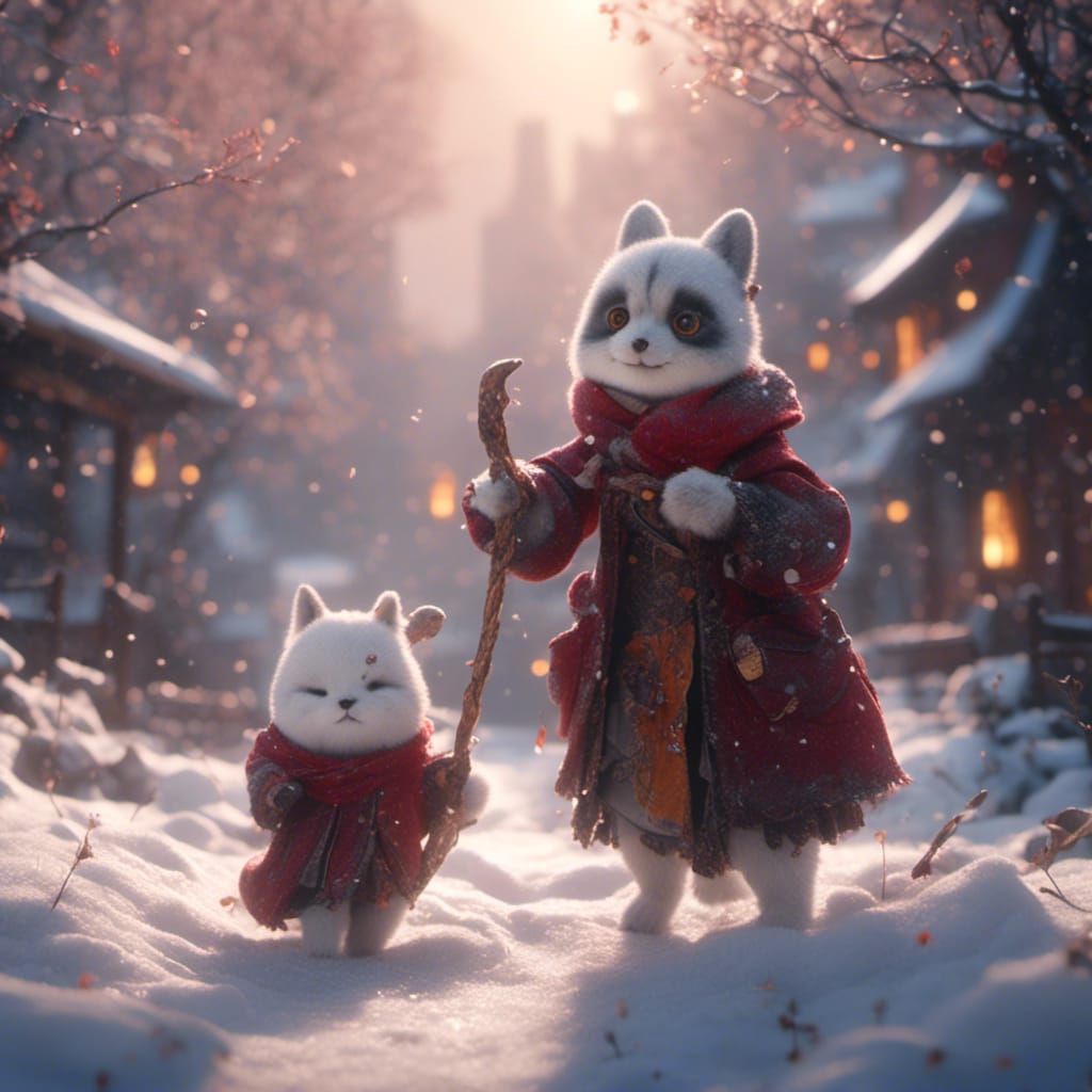 White Foxes Play in Snow: Detailed Fantasy Art