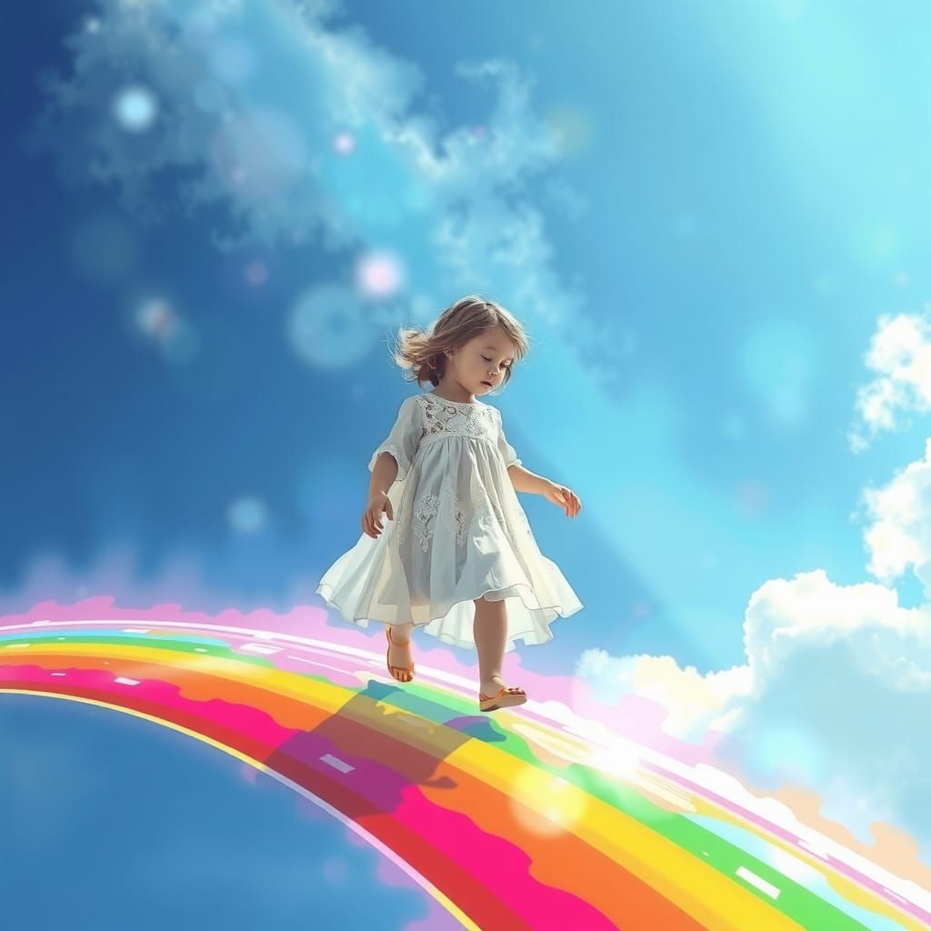 Child on Rainbow Bridge in Hyperrealistic Splash Art