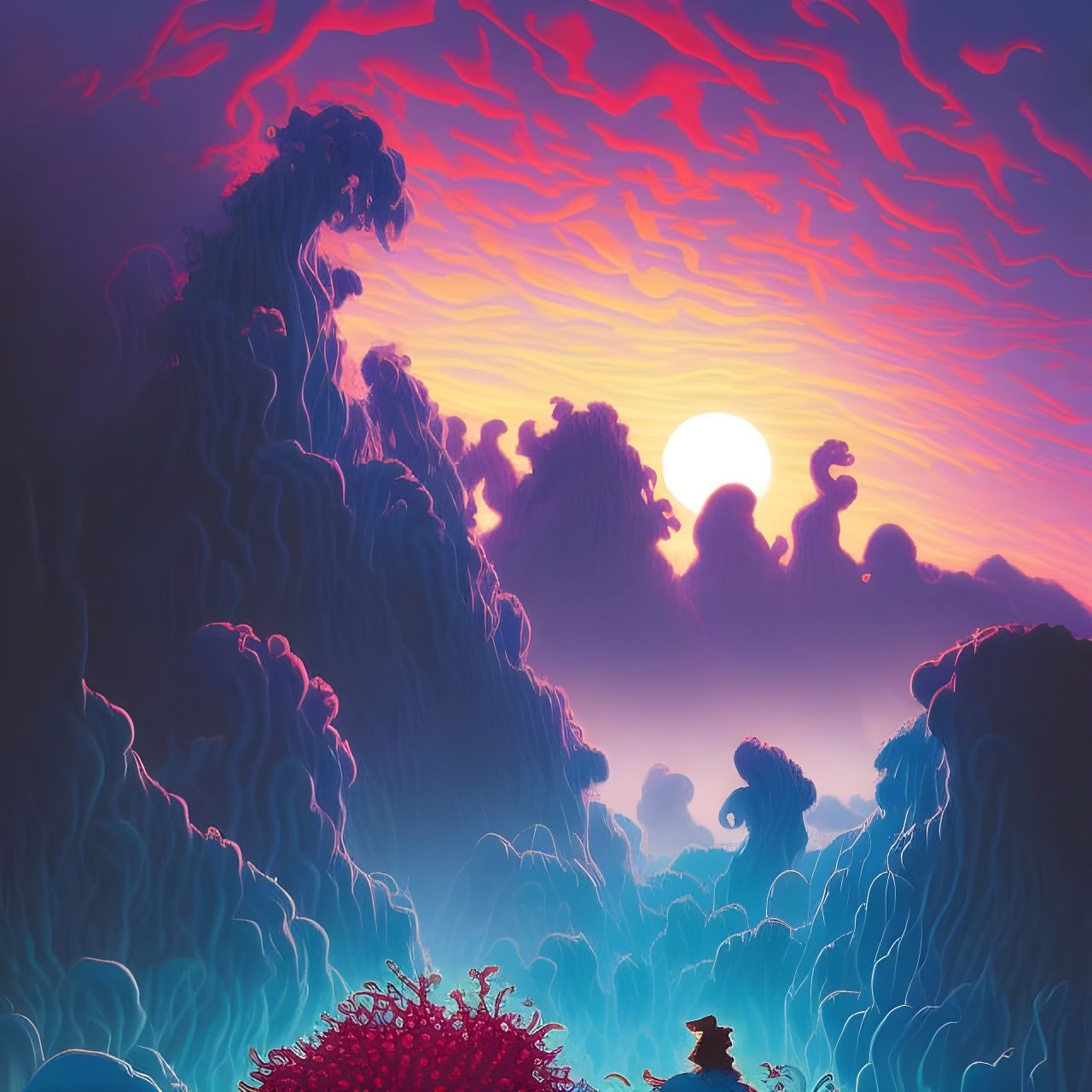 Fantastical Evening Landscape in Japanese Art Style