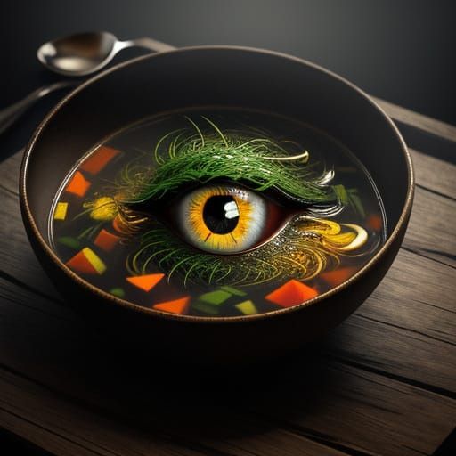 Surreal Face in Soup: Grotesque Oil Painting