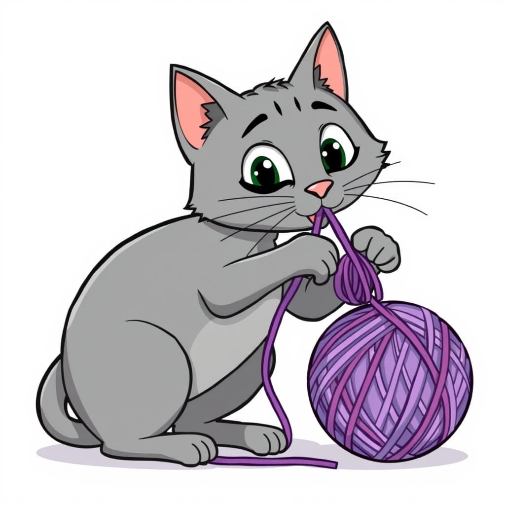 Playful Cartoon Cat Tugs on Yarn Ball