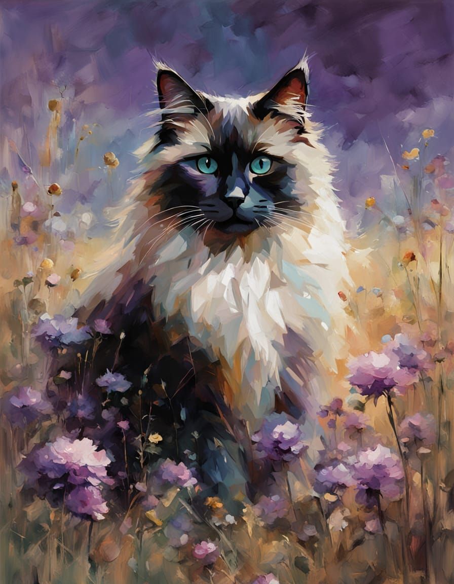 Ragdoll Cat in Floral Field as Oil Painting
