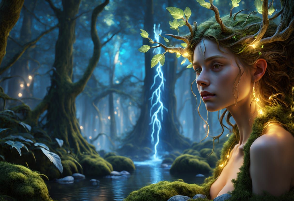 Ethereal Dryad in Mystical Forest: Vivid Digital Art
