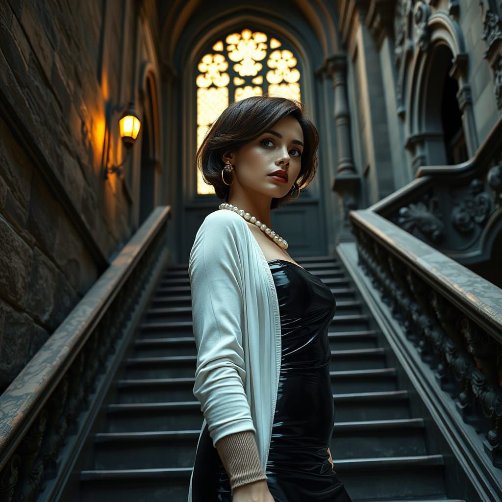 Elegant Woman Ascends Ancient Staircase in Hyper-Realistic S...