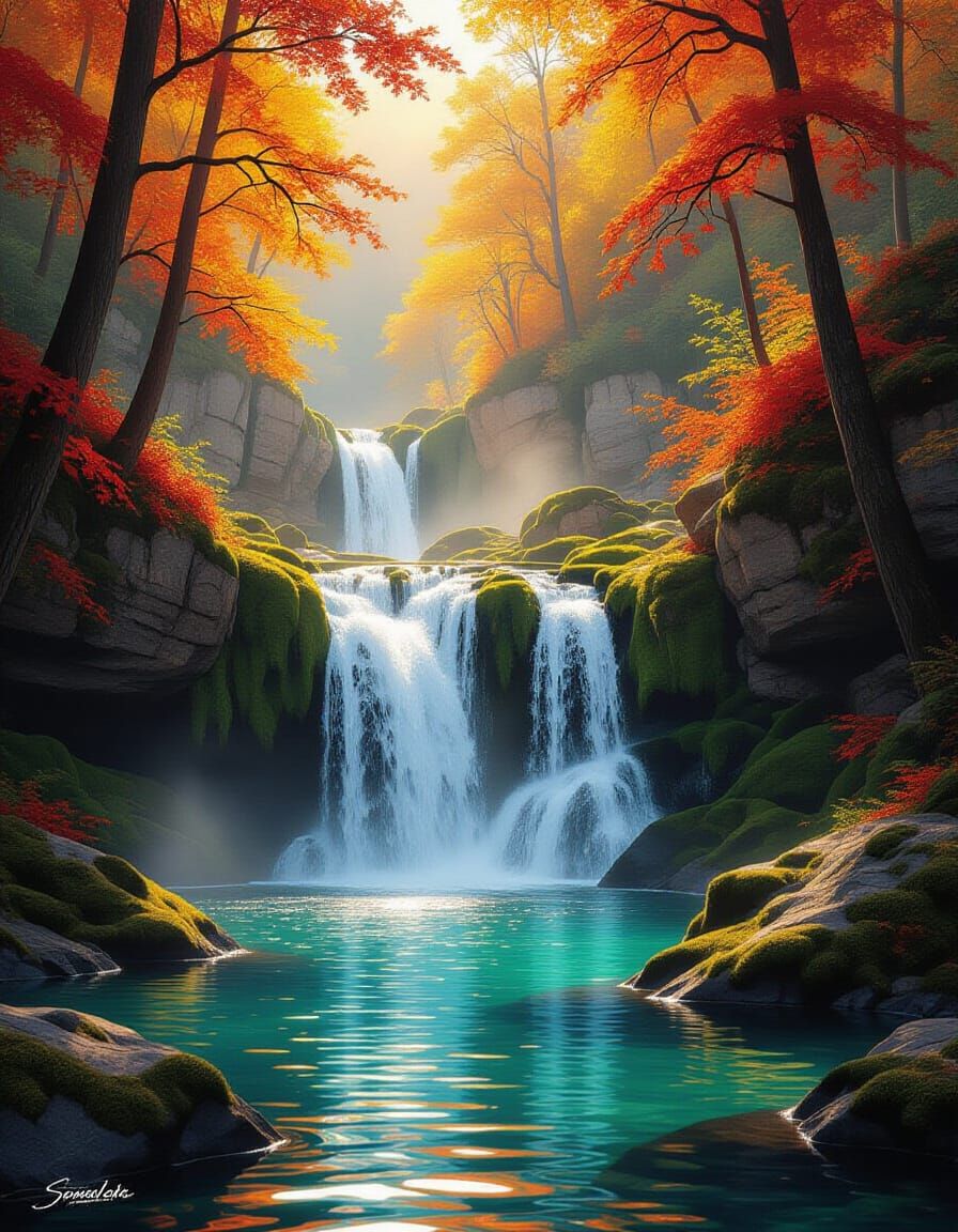 Majestic Autumn Waterfall in Digital Painting Style