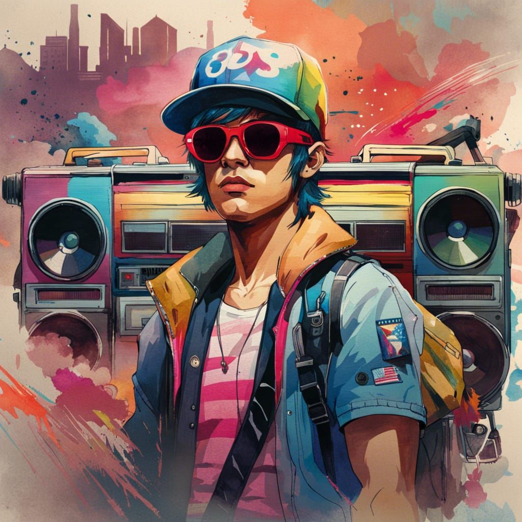 80s Portrait with Boombox in Watercolor Style