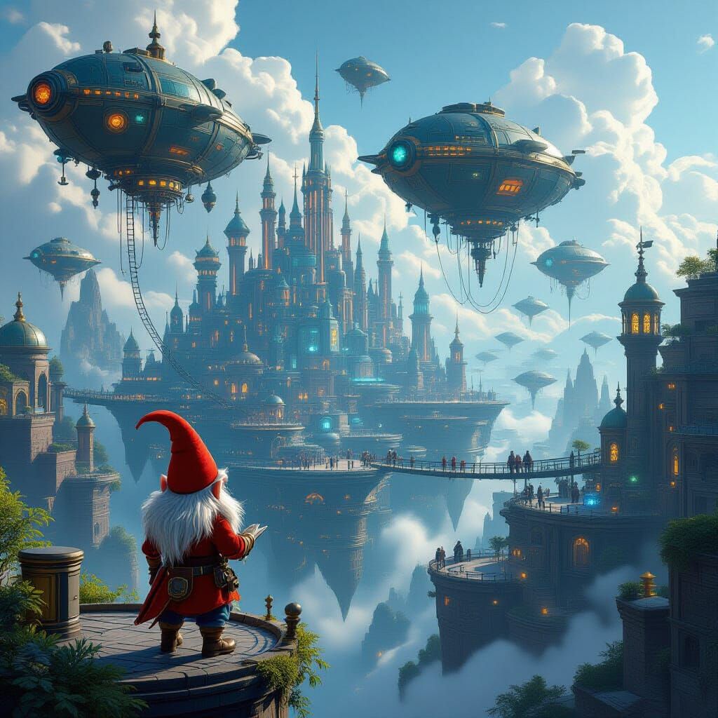 Gnome Inventor Overlooks Techno-Fantasy City with Airships