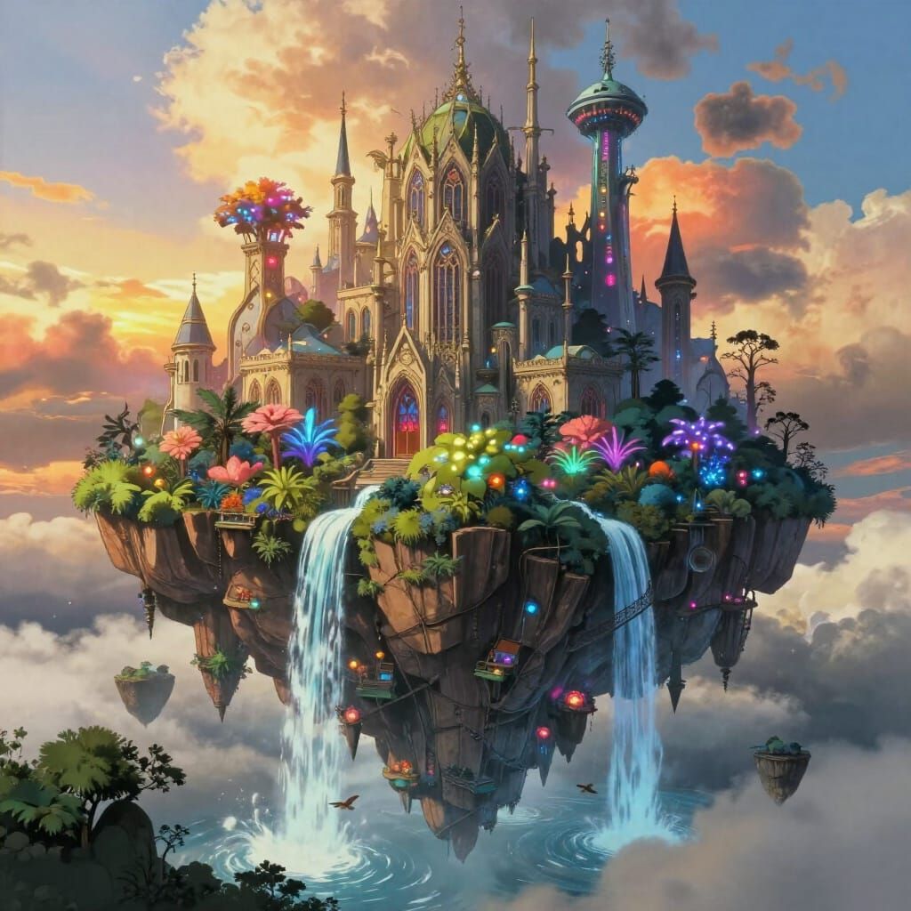 Floating City with Waterfalls at Sunset