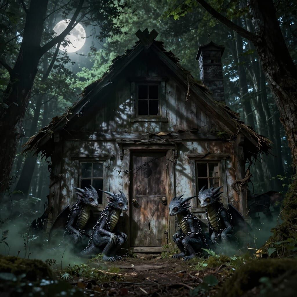 Creepy Cottage with Chained Dragon Children in Eerie Moonlig...