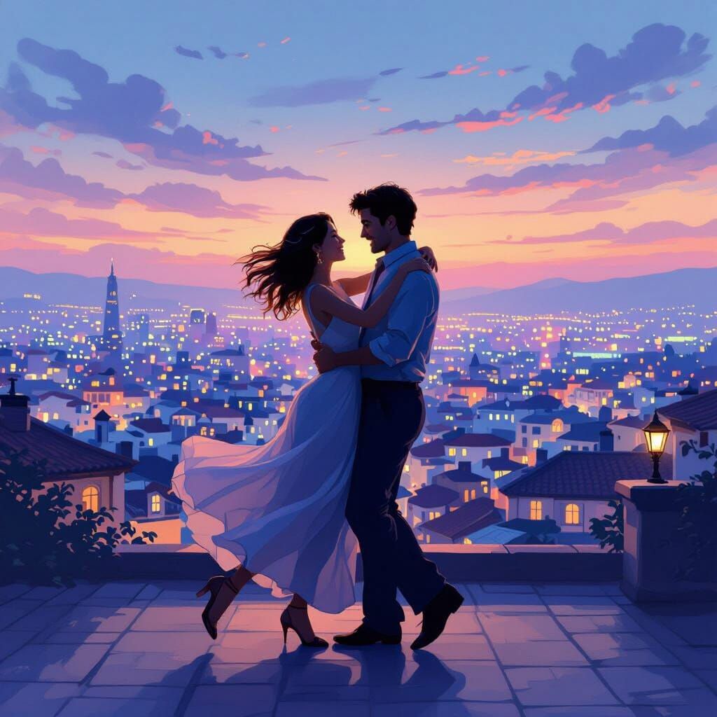 Couple Dancing on Rooftop Over Cityscape at Twilight