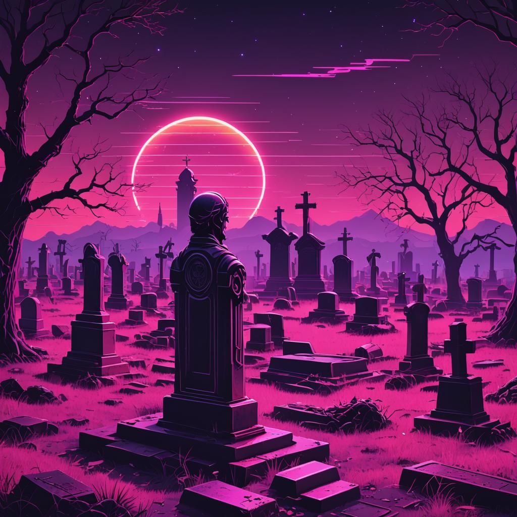Synthwave Neon Retro Graveyard Scene