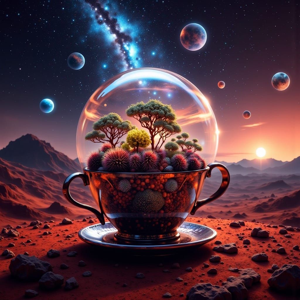 Mars Biodome Teacup Landscape in Hyperrealistic Digital Art