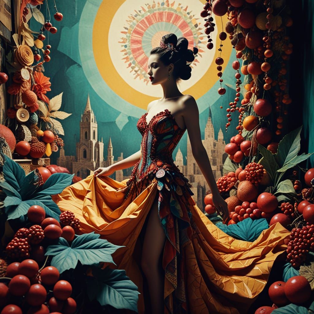 Whimsical Showgirl Collage in Vibrant Textiles and Berries