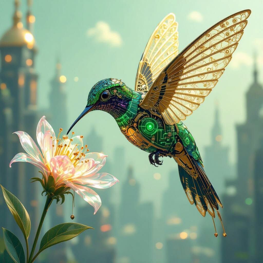 Biomechanical Hummingbird in Utopian Cityscape, Digital Art