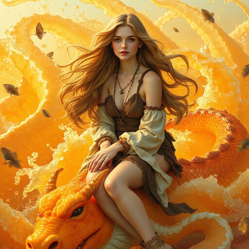 Woman on Gummy Dragon in Effervescent Soda Sea