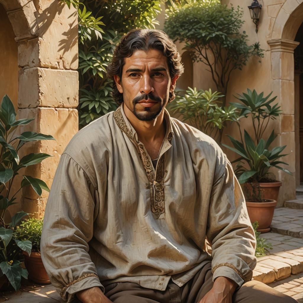 Realistic Portrait in Spanish Courtyard, Velázquez Style