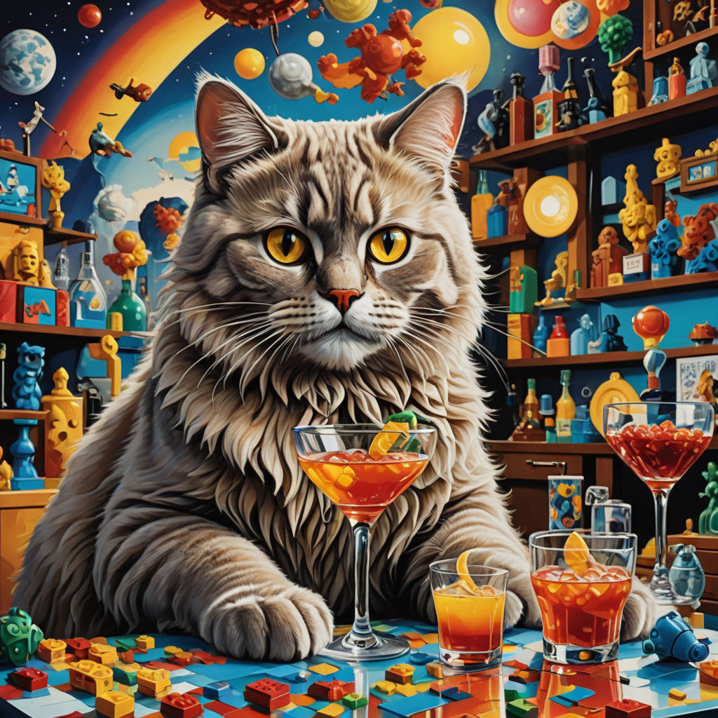 Vibrant Lego Masterpiece of a Furry Cat in a Whimsical Bar