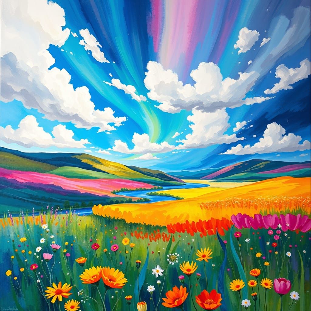 Vibrant Spring Aurora in Gouache Style