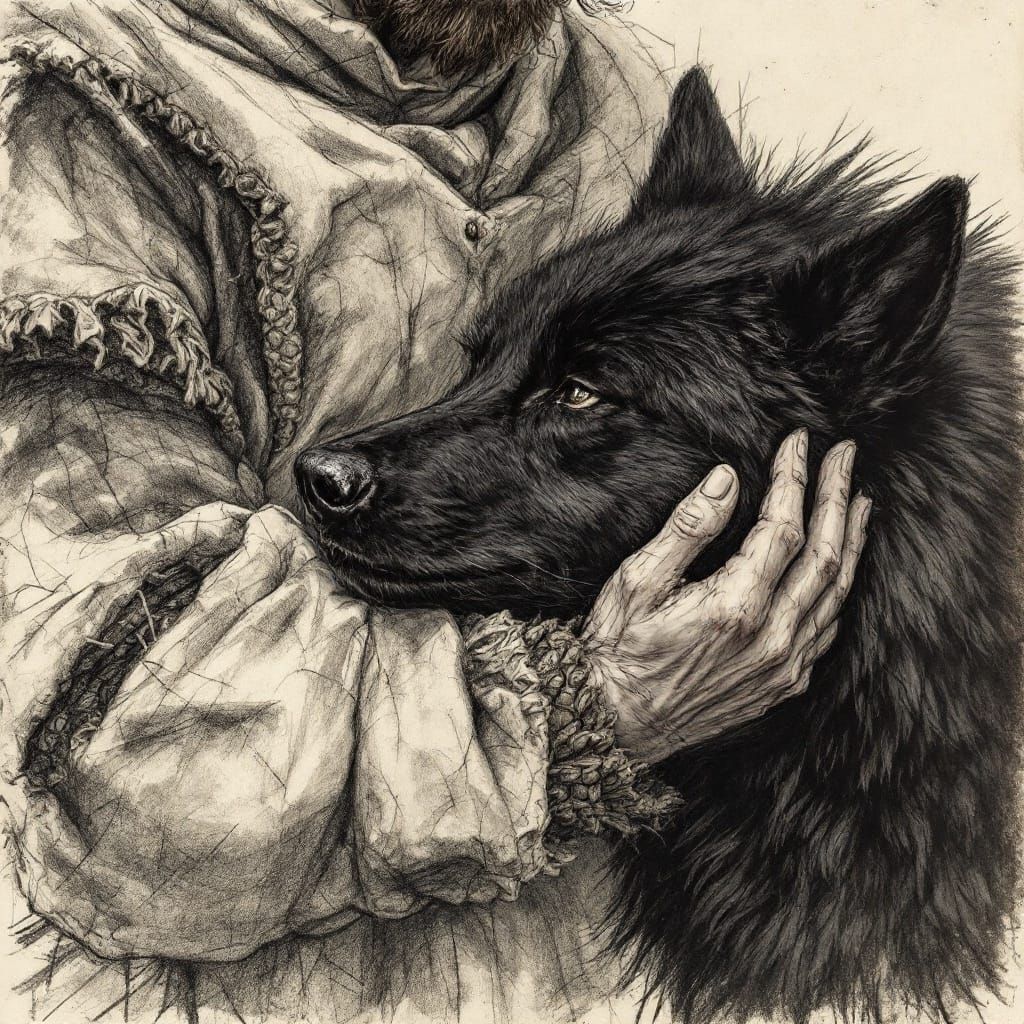 Man Stroking Wolf: Charcoal Sketch in Da Vinci Style